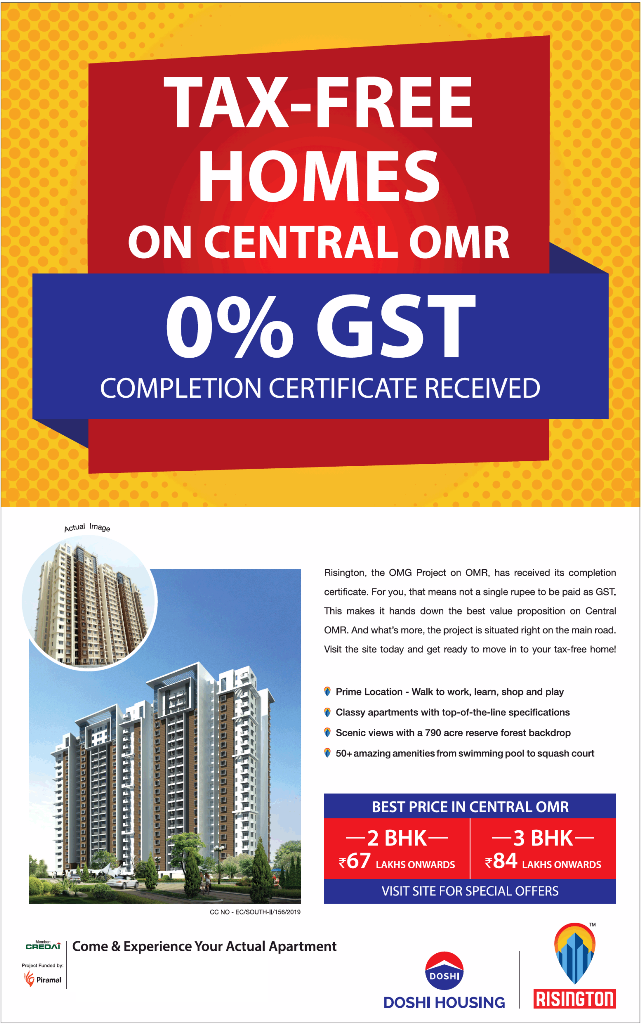 Offer 0% GST Completion Certificate Received AT Doshi Risington Chennai